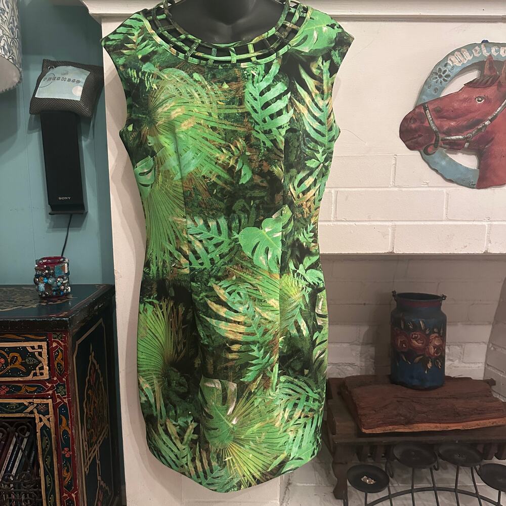 Y2K CHETTA B EMERALD TROPICAL PALM LEAF JUNGLE PRINT LATTICE CUTOUT SHEATH